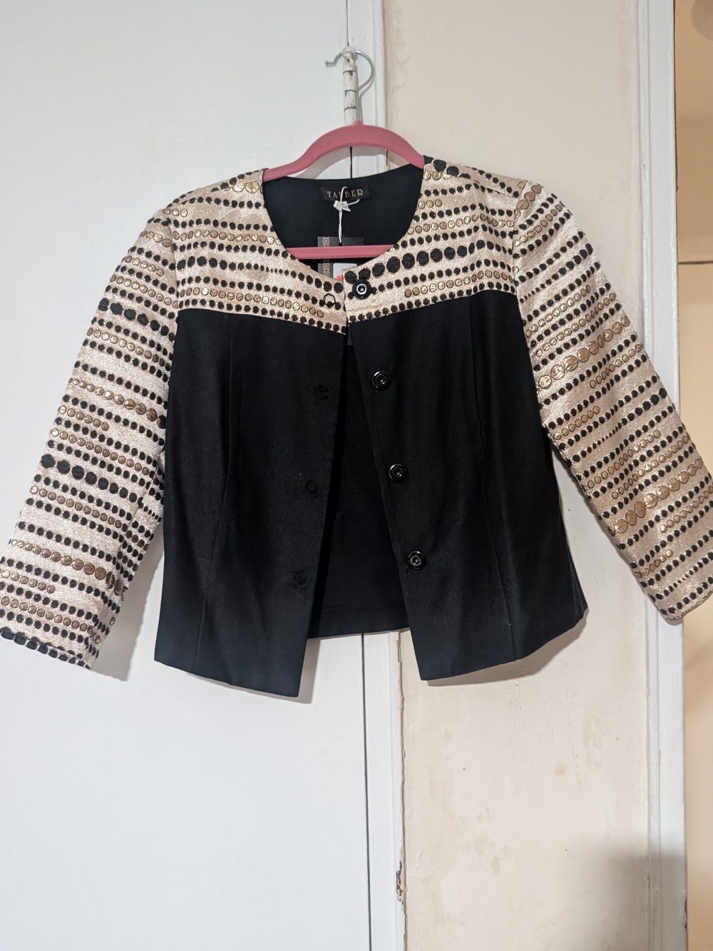 Tauber Black and Cream Cropped Patterned Blazer